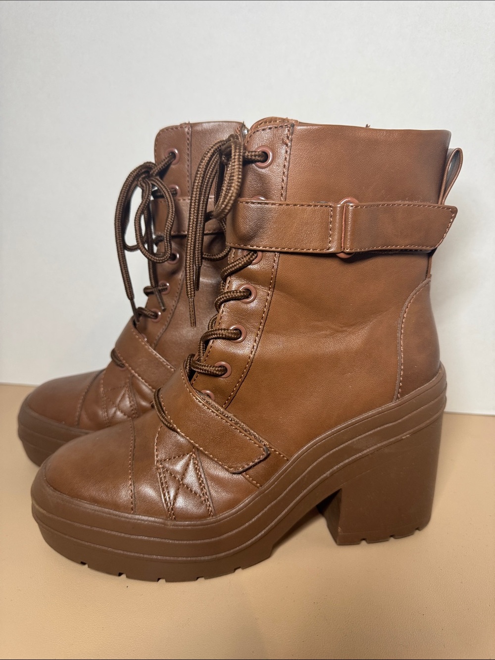 Limelight Tan Lace-Up Platform Ankle Boots with Buckle Strap
